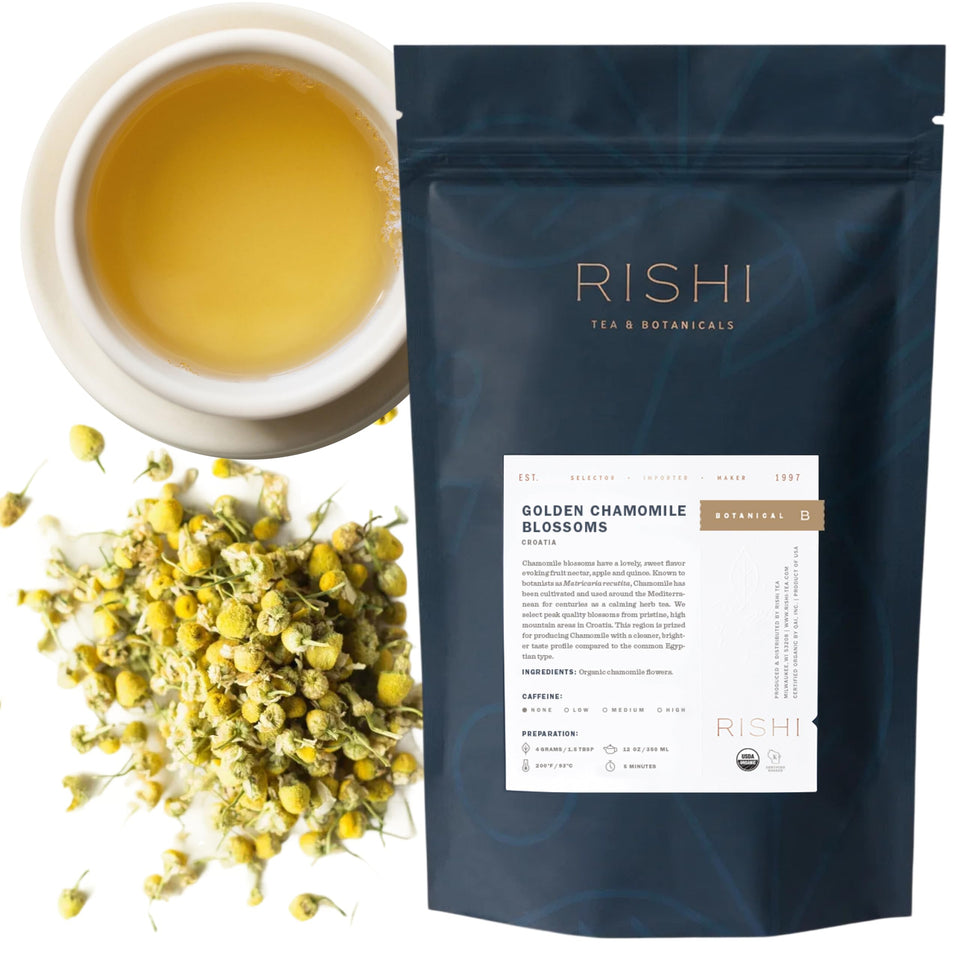 Rishi Tea Golden Chamomile Blossoms loose leaf, soothing caffeine-free blend