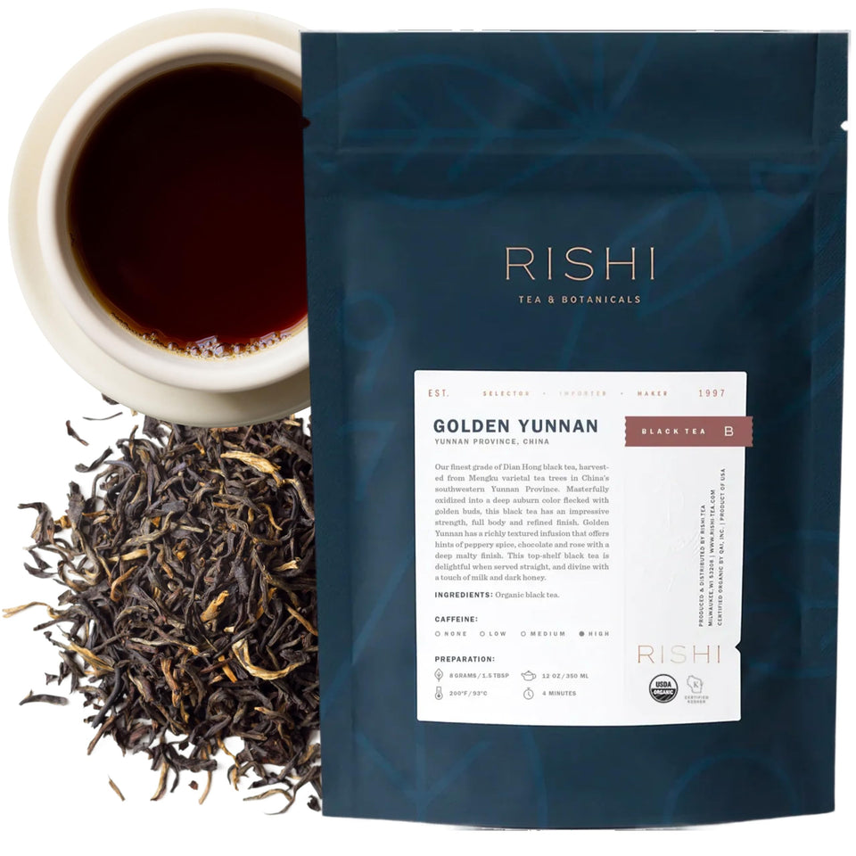 Rishi Tea Golden Yunnan loose-leaf close-up for a rich, chocolatey infusion.