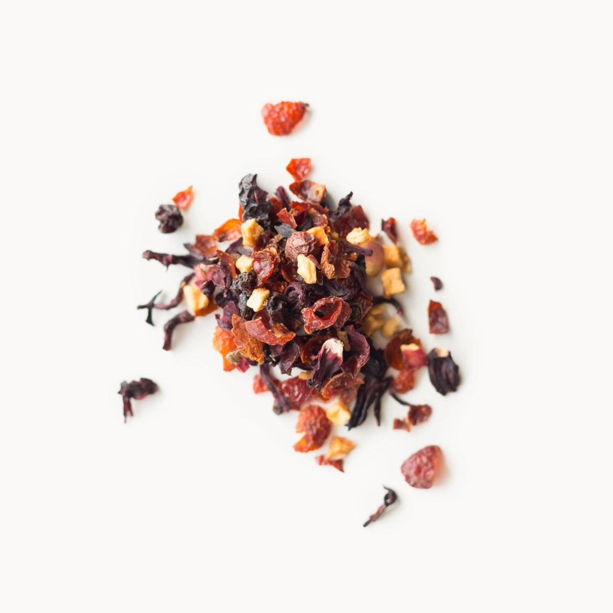 Rishi Tea Hibiscus Berry ingredients close-up features rosehips hibiscus and elderberries