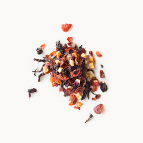 Rishi Tea Hibiscus Berry ingredients close-up features rosehips hibiscus and elderberries