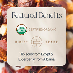 Rishi Tea Hibiscus Berry loose leaf close-up with vibrant ingredients and antioxidant appeal