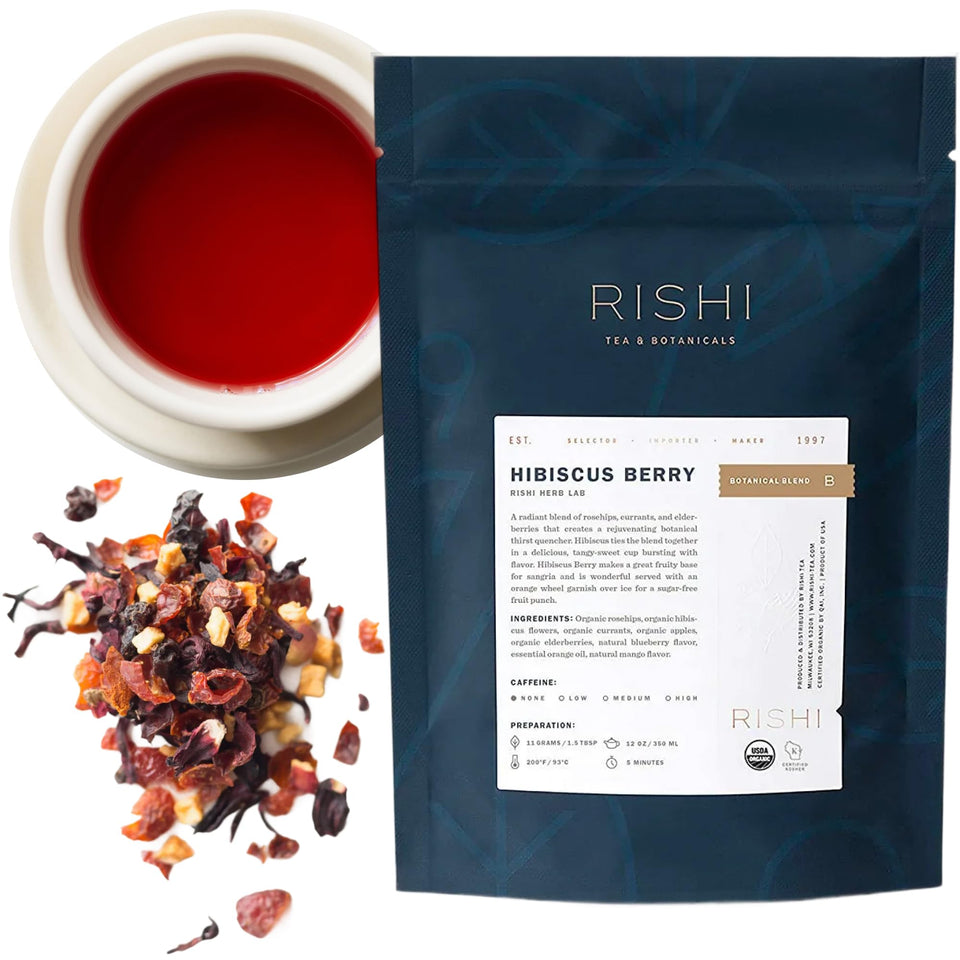 Rishi Tea Hibiscus Berry packaging shows organic, caffeine-free blend for everyday enjoyment