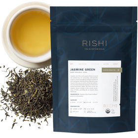 Rishi Tea Jasmine Green Tea loose leaf 4oz ready for hot or iced brewing.