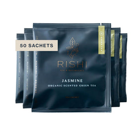 Rishi Tea Jasmine Green Tea Sachets showcase fragrant jasmine for a calming, aromatic cup.