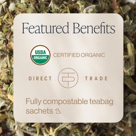 Rishi Tea Lavender Mint sachet in cup for refreshing moment.