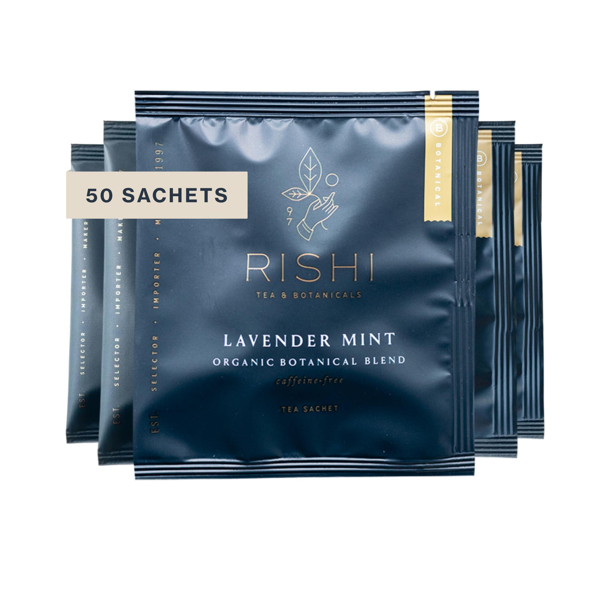 Rishi Tea Lavender Mint sachet tea bag ready to steep for a calming cup
