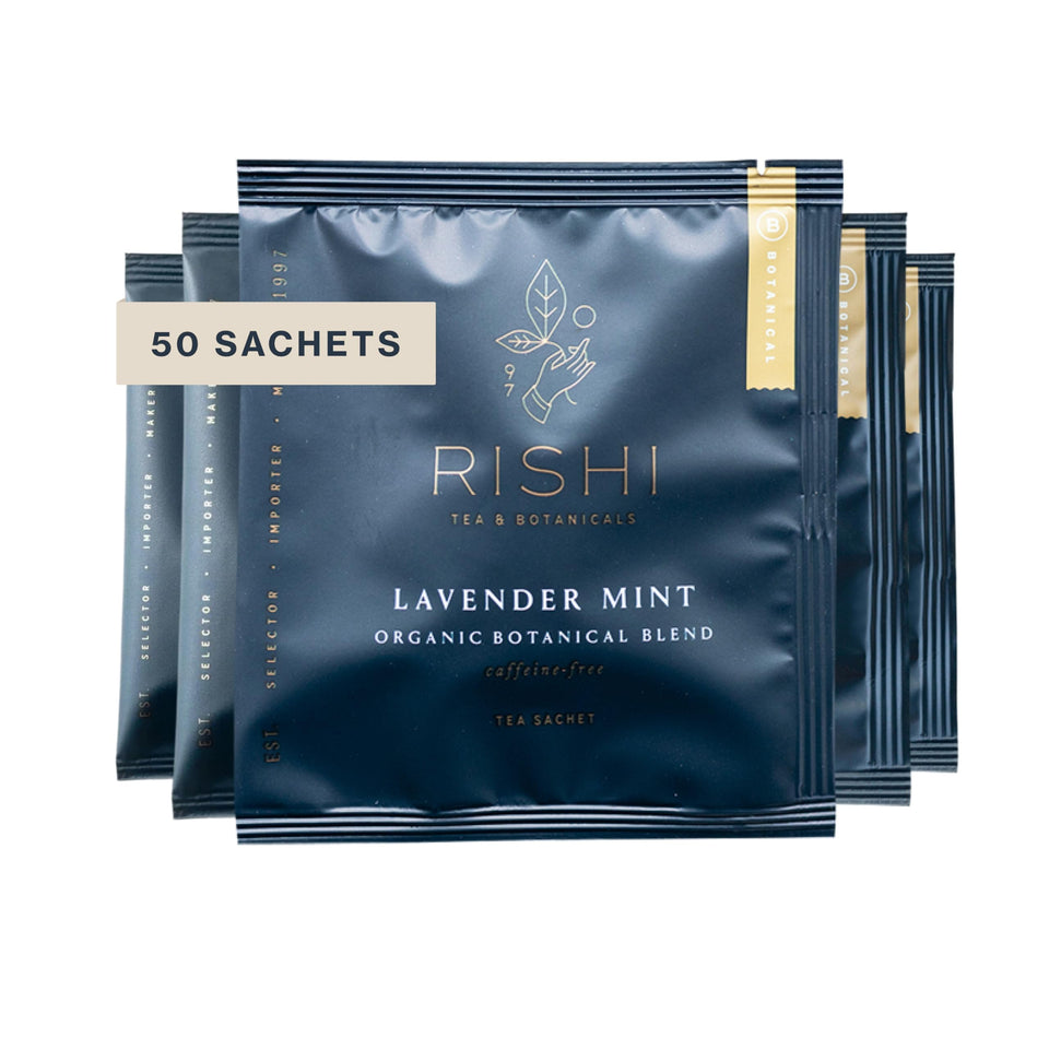 Rishi Tea Lavender Mint sachet tea bag ready to steep for a calming cup