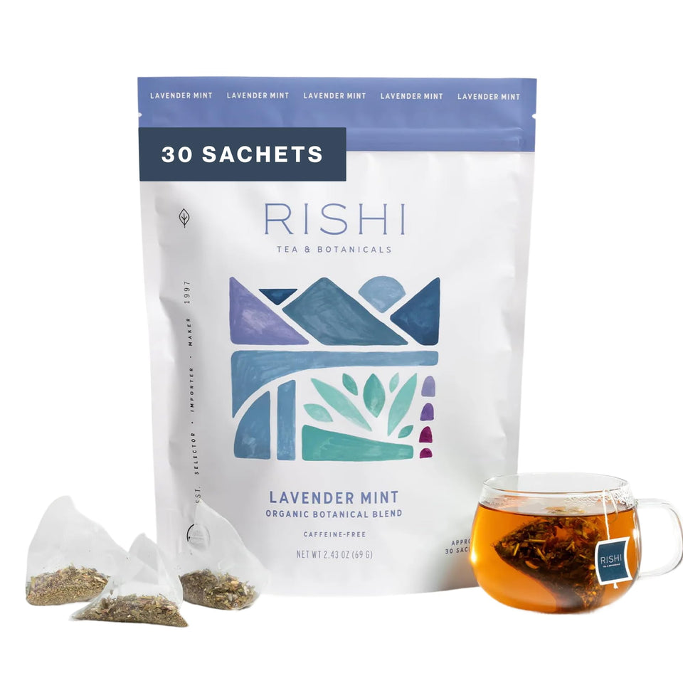 Rishi Tea Lavender Mint sachets pack for calming daily rituals.
