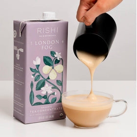 Rishi Tea London Fog Latte concentrate in a glass ready for iced latte.