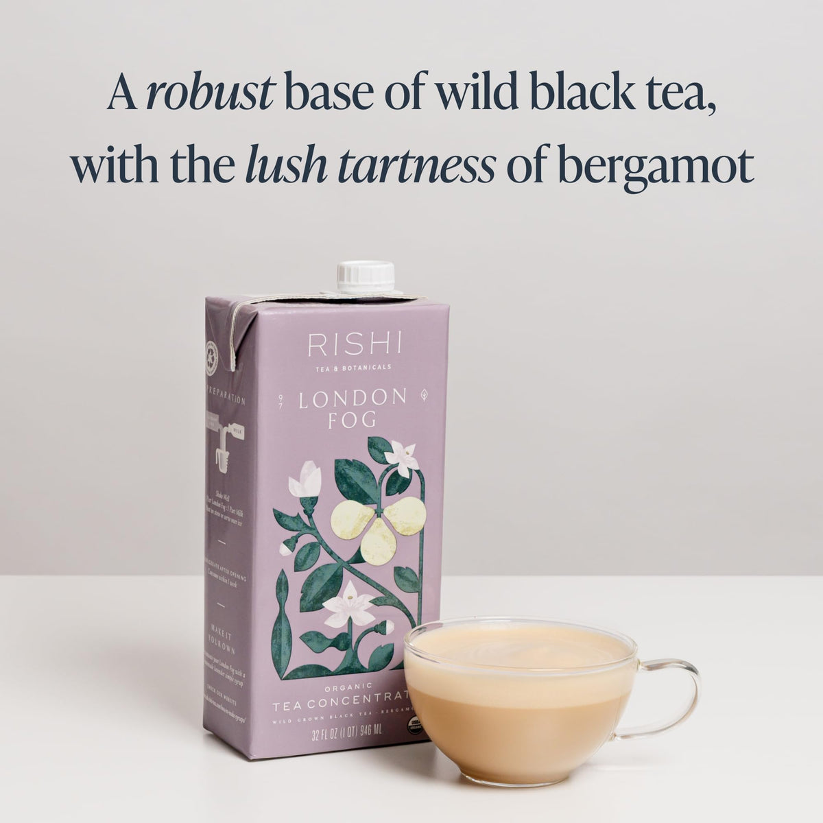 Rishi Tea London Fog Latte served with milk for a creamy Earl Grey cup.