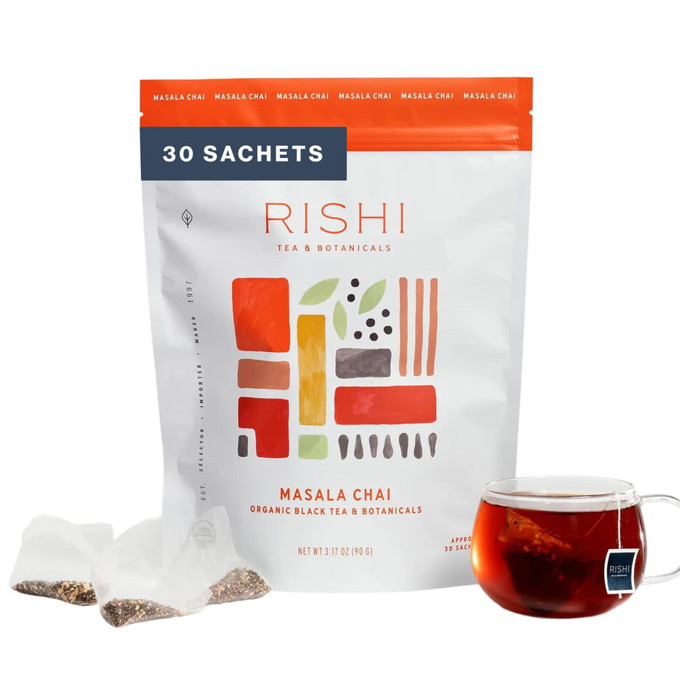 Rishi Tea Masala Chai sachet closeup for convenient daily brewing.