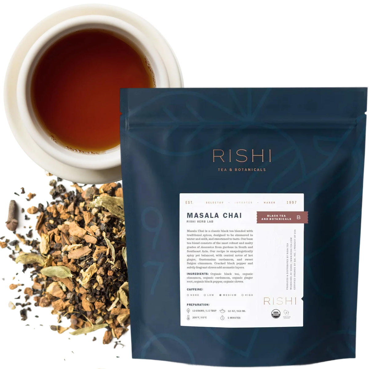 Rishi Tea Masala Chai loose-leaf Assam for a bold, warming morning cup.