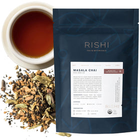 Rishi Tea Masala Chai loose leaf front package, ideal for quick, flavorful mornings.