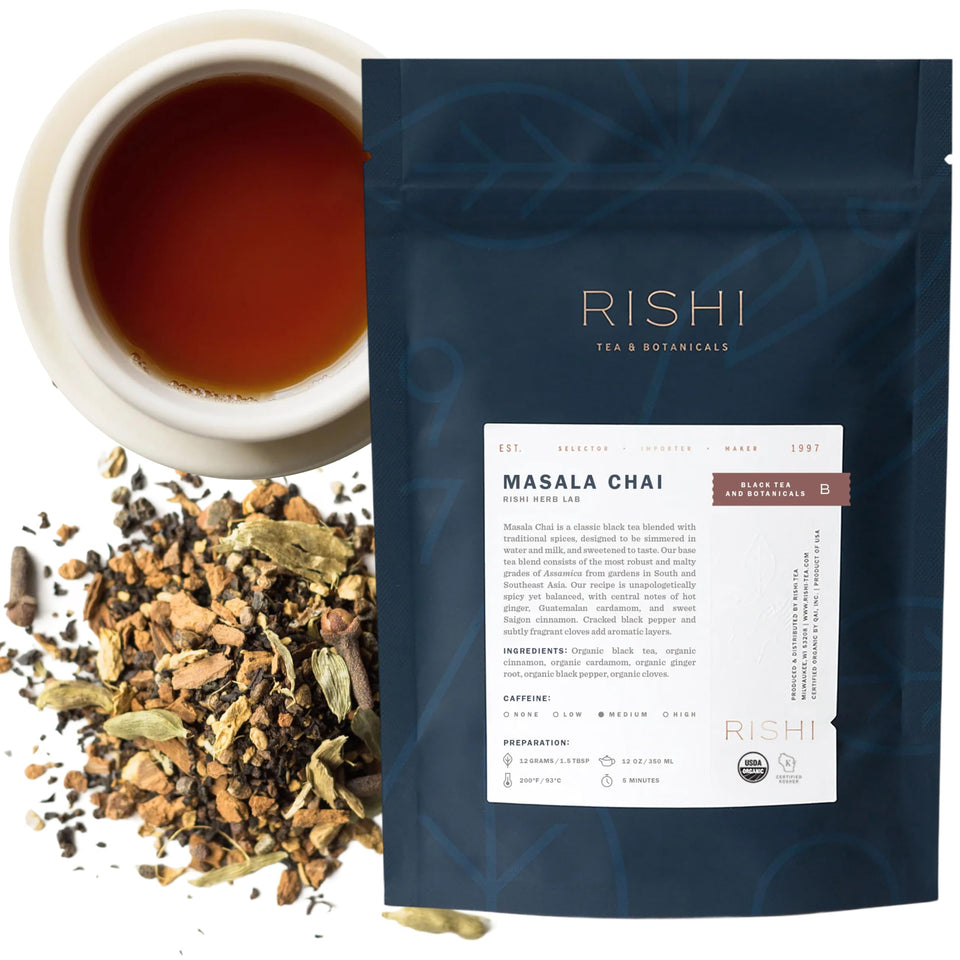 Rishi Tea Masala Chai loose leaf front package, ideal for quick, flavorful mornings.