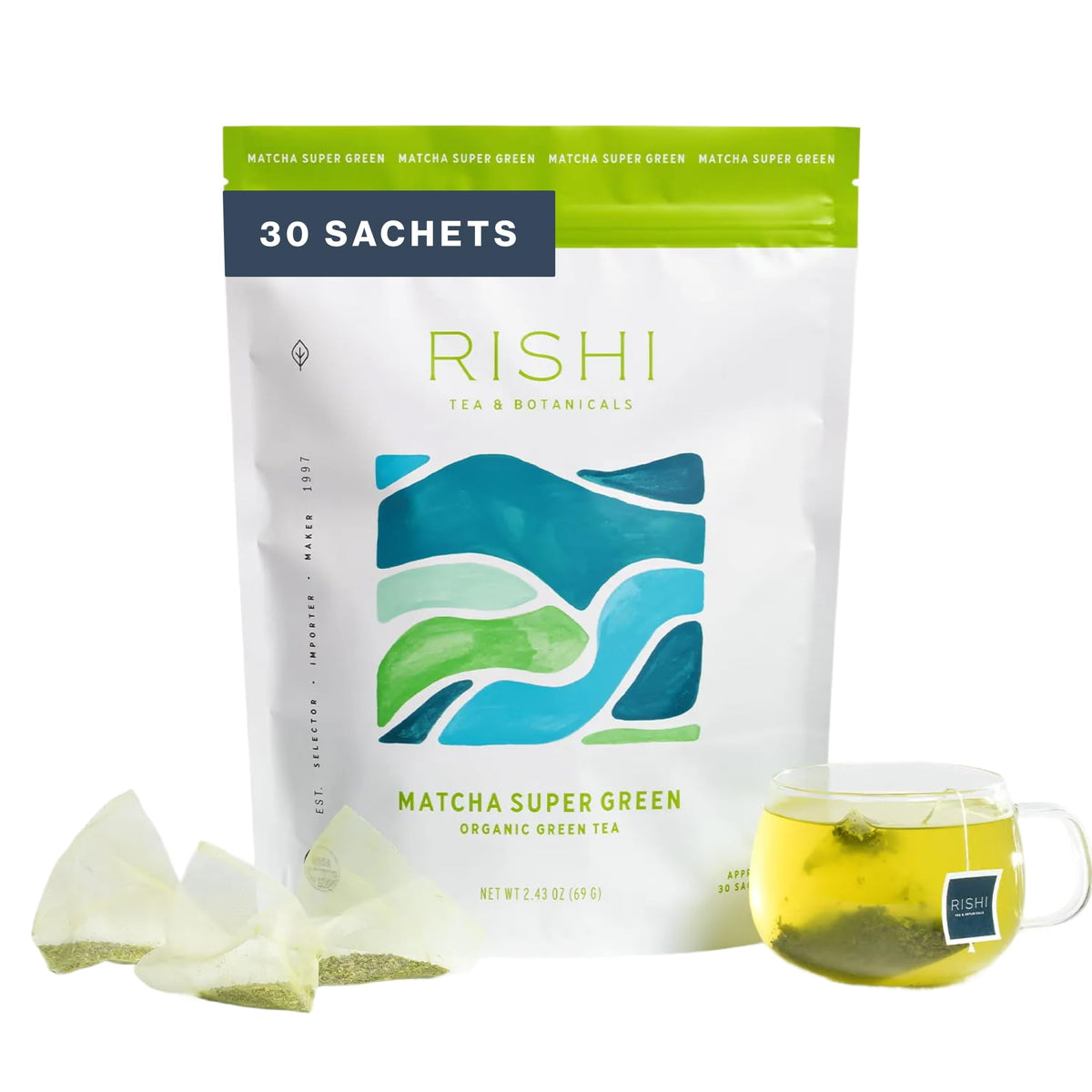 Rishi Tea Matcha Super Green sachet closeup for quick, flavorful mornings.
