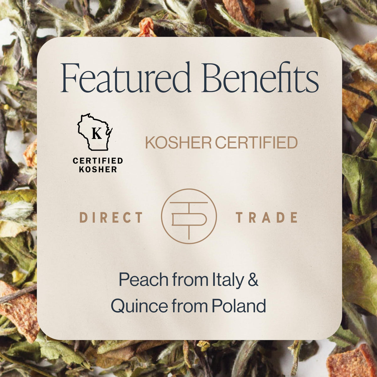 Rishi Peach Blossom peaches pieces highlight fruity notes for refreshing iced tea.