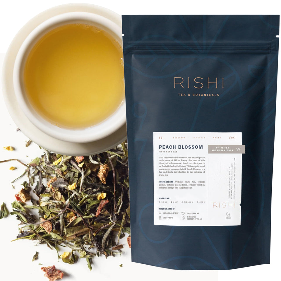 Rishi Tea Peach Blossom White Tea leaves offer delicate aroma and a gentle, low-caffeine lift.