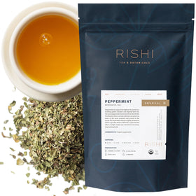 Rishi Tea Peppermint Herbal Tea leaf close-up showing fresh peppermint aroma