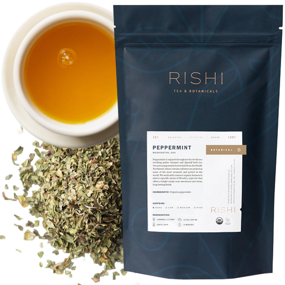 Rishi Tea Peppermint Herbal Tea leaf close-up showing fresh peppermint aroma