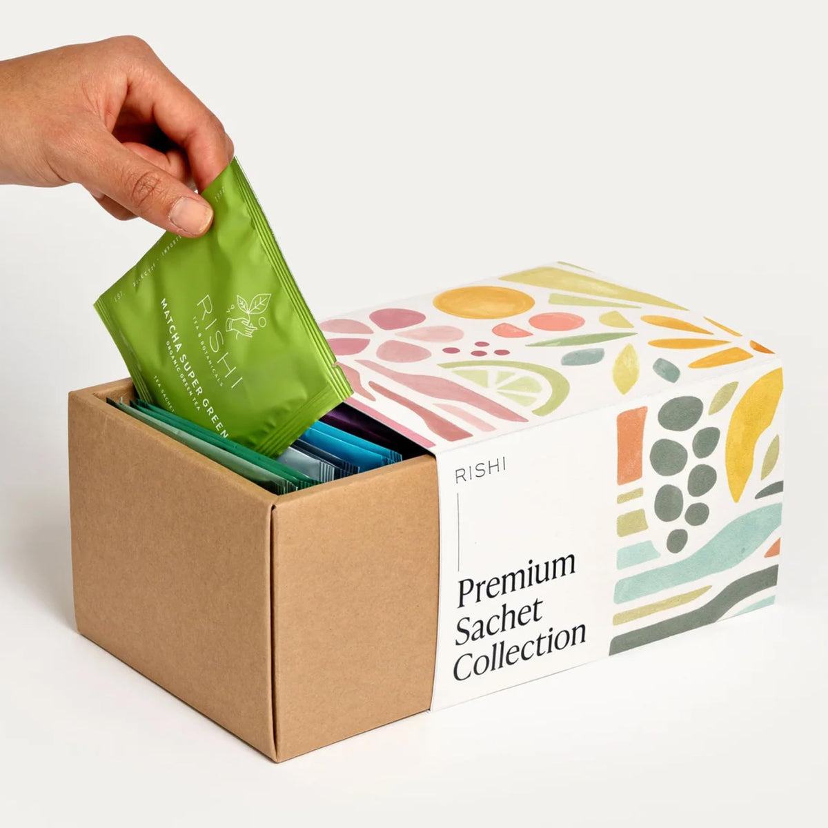 Rishi Tea assortment sachets organized for diverse flavors and rituals