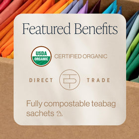 Rishi Tea Sachet Sampler Box opened with sachets laid out for quick tastings