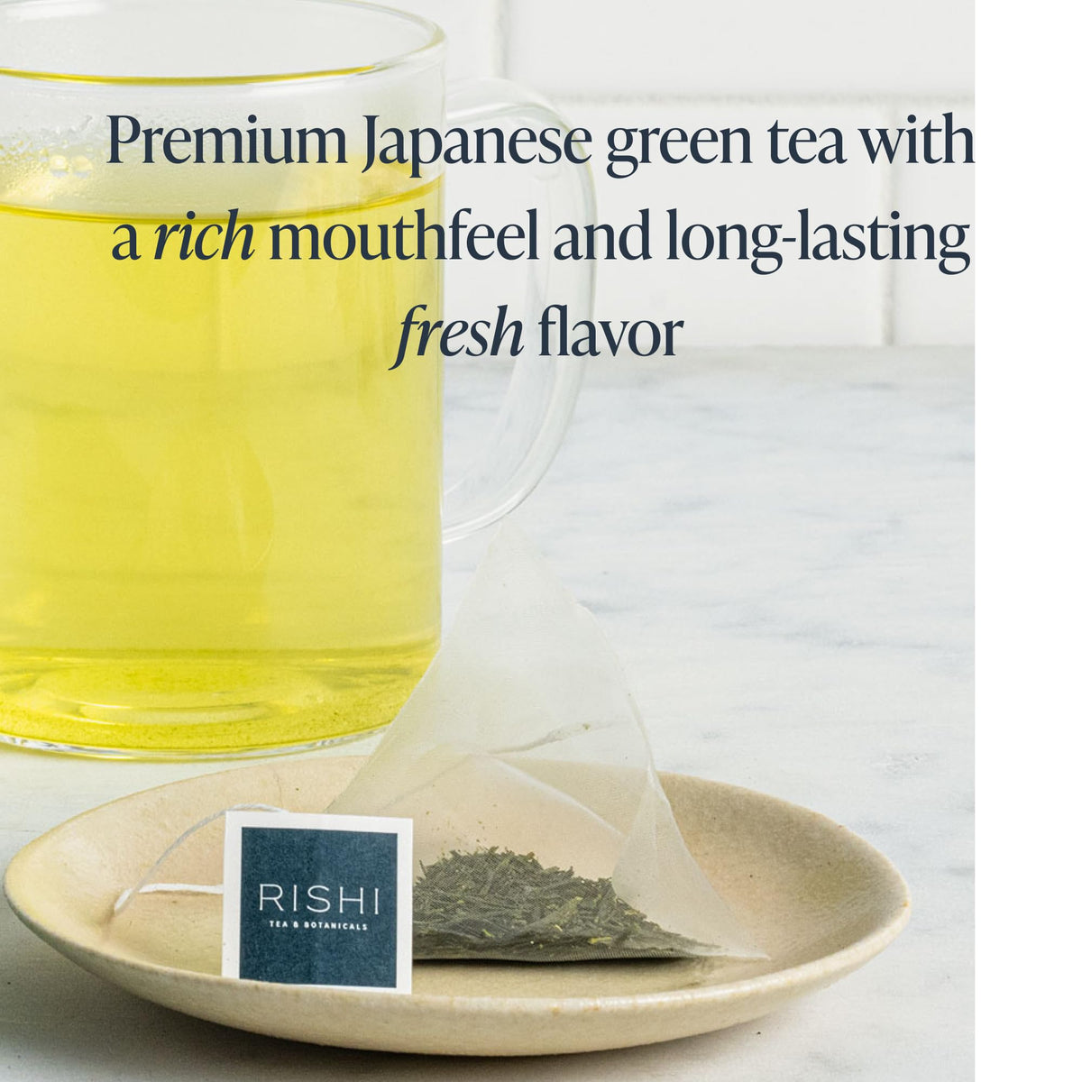 Biodegradable sachets from Rishi Sencha Green Tea for eco-friendly use.
