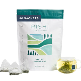 Rishi Sencha Green Tea organic sachet bags ready for brewing and tasting.