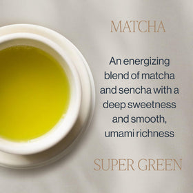Rishi Tea Sencha and Matcha blend powder highlighting umami richness and freshness.