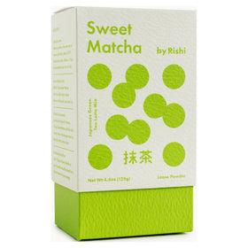Rishi Tea Sweet Matcha tin front for cafe-quality aroma.