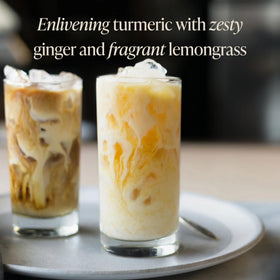 Rishi Tea Turmeric Ginger Chai Latte ingredients close-up, featuring turmeric and ginger.