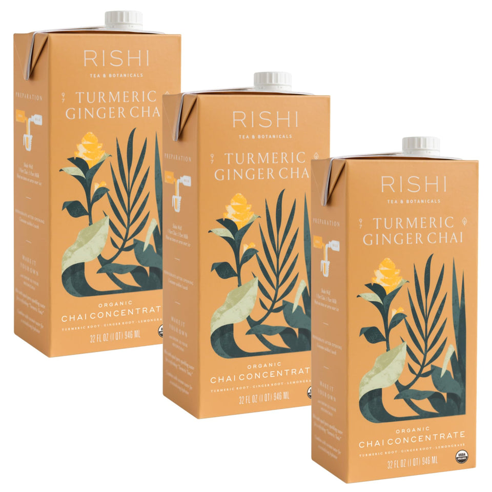 Rishi Tea Turmeric Ginger Chai Latte pack of 3 front view for convenient daily use.