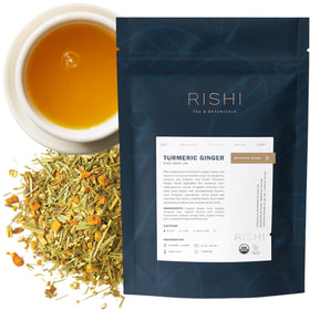 Rishi Tea turmeric-ginger loose-leaf ready to brew for a caffeine-free ritual.