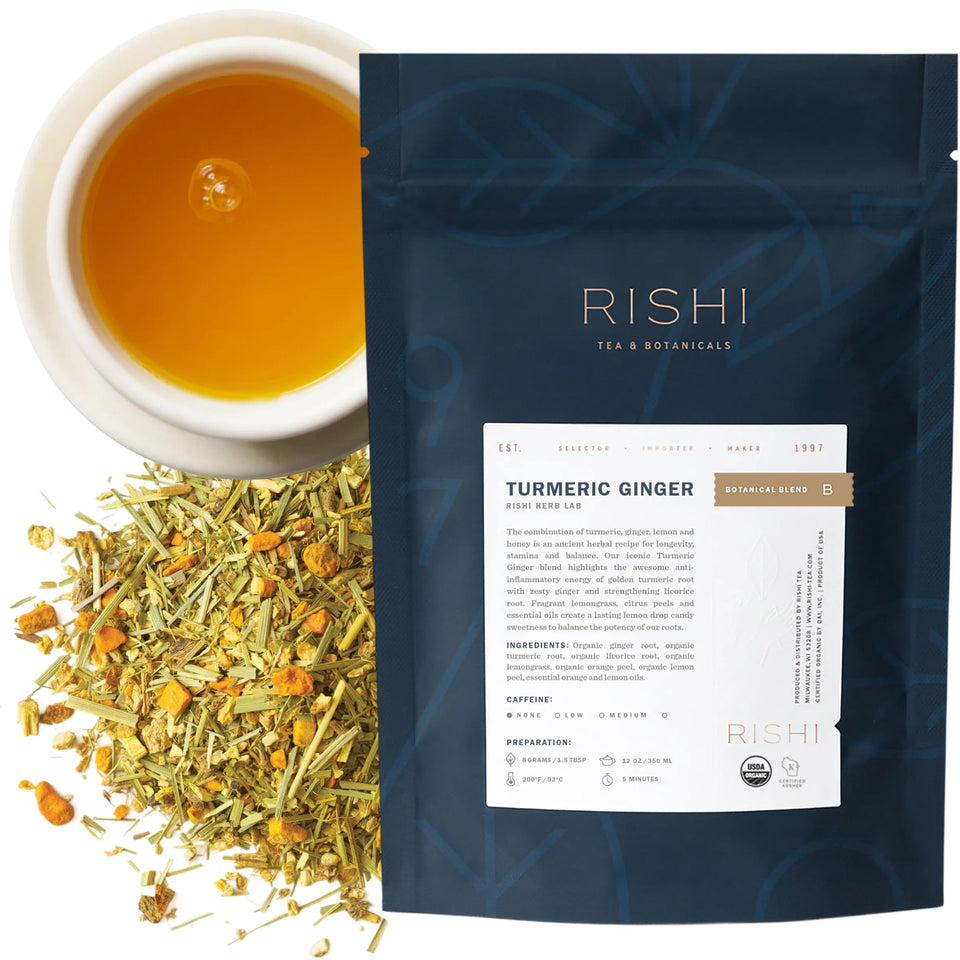 Rishi Tea turmeric-ginger loose-leaf ready to brew for a caffeine-free ritual.