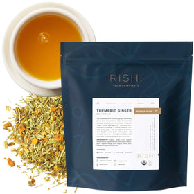 Rishi Tea Turmeric Ginger loose-leaf blend for a cozy hot cup.