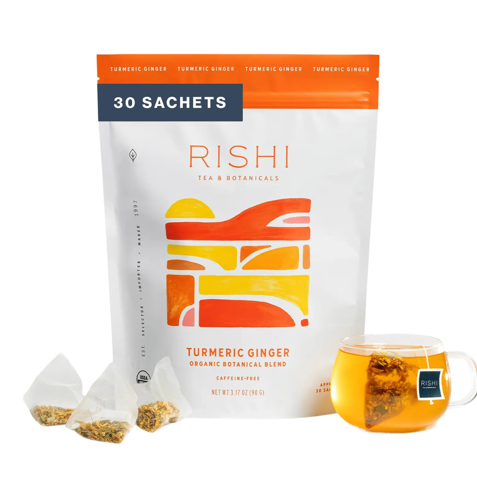 Rishi Tea Turmeric Ginger sachet pack, organic and caffeine-free
