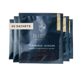 Rishi Tea turmeric ginger sachet tea: a caffeine-free warm infusion with citrus notes