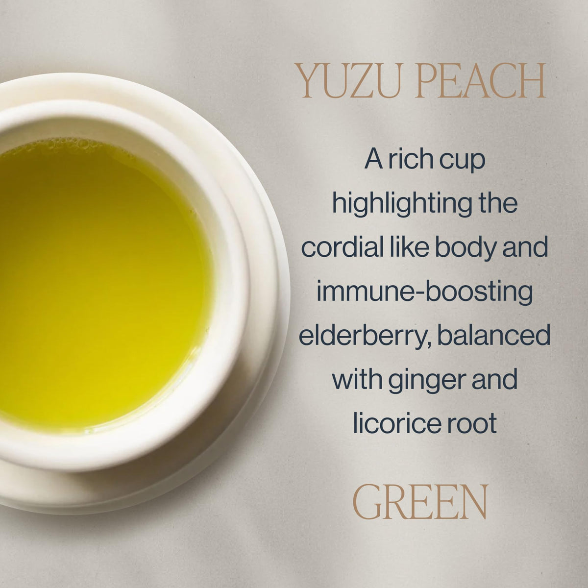 Close-up of yuzu, peach, and green tea leaves used by Rishi.