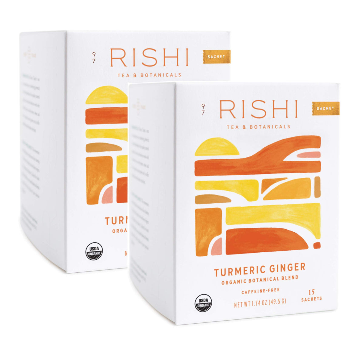 Rishi Turmeric Ginger Tea pack front, organic caffeine-free herbal blend.