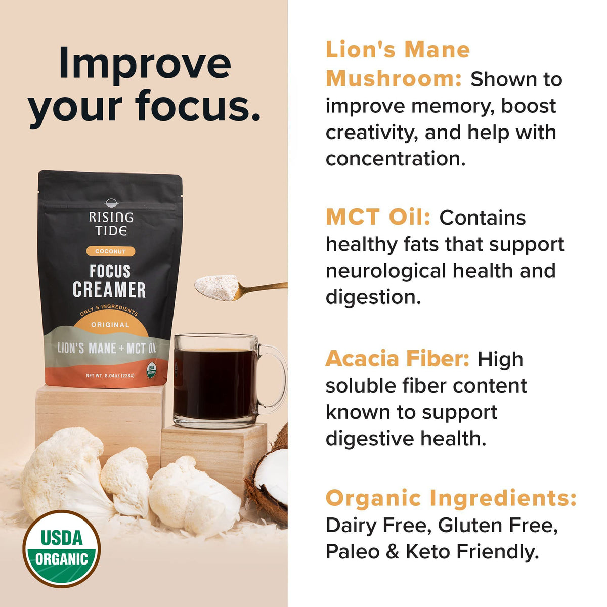 Rising Tide coffee cup with creamer demonstrates creamy coffee experience