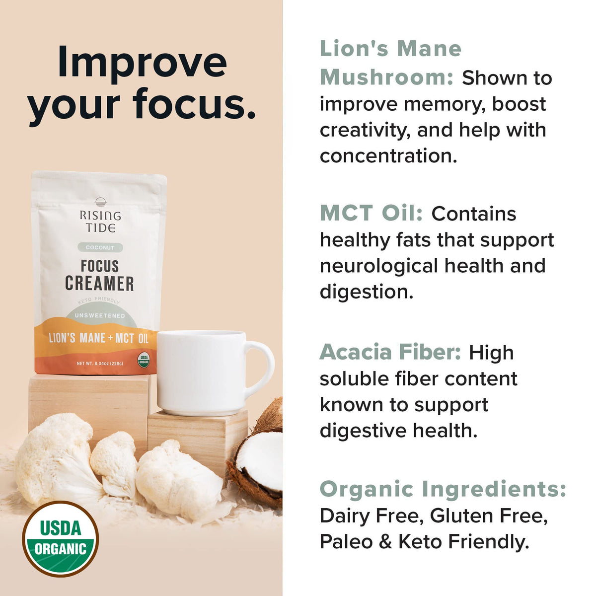 Rising Tide Creamer dairy free label signals vegan and keto compatibility
