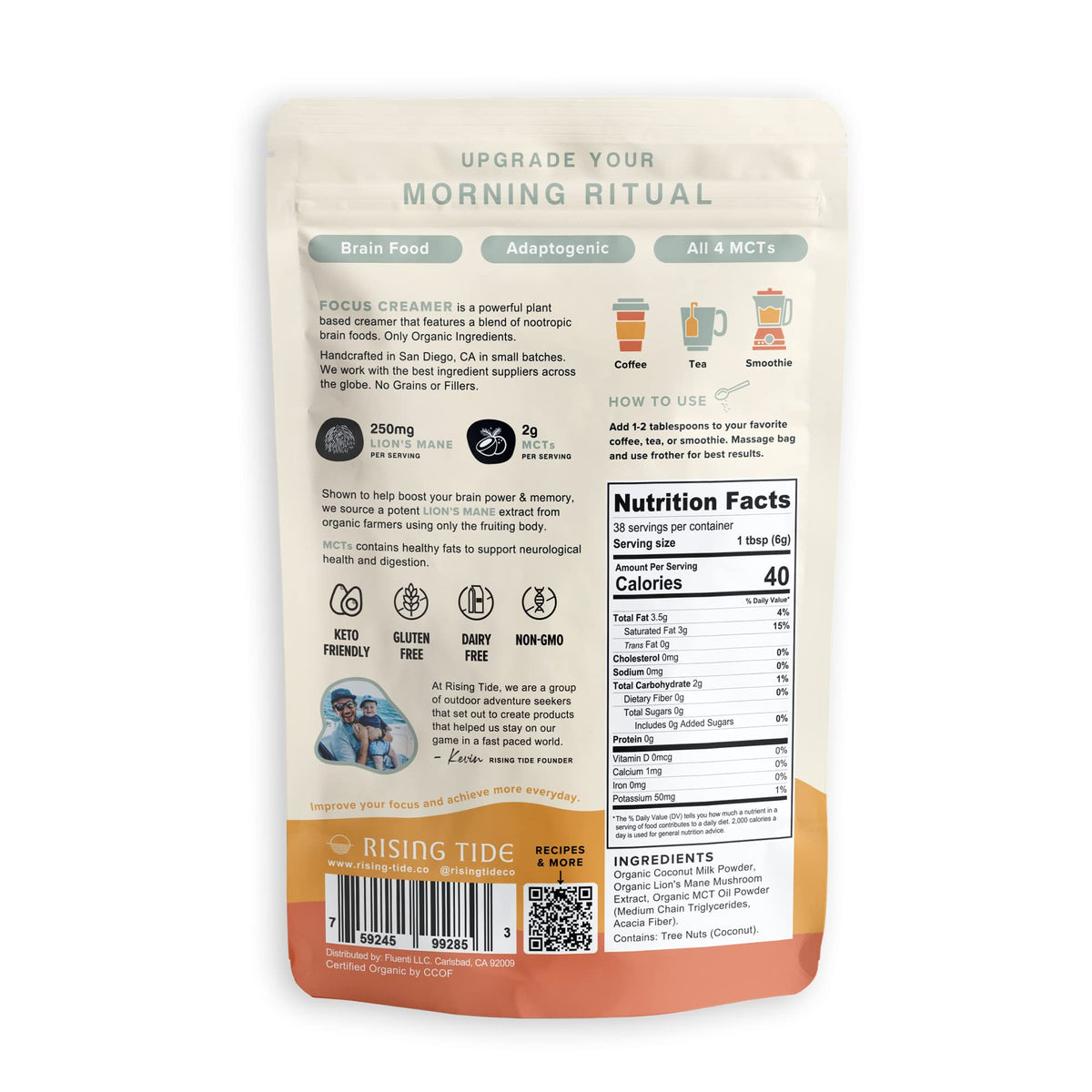 Rising Tide Creamer Lions Mane ingredients highlight focus friendly mushrooms