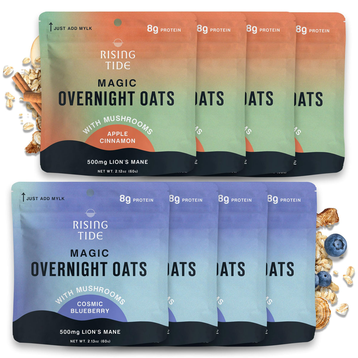 Rising Tide Mushroom Overnight Oats Apple Cinnamon 8-pack prep bowl shot