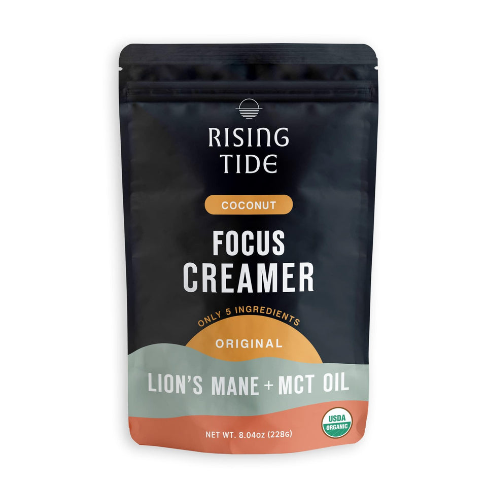 Rising Tide Organic Mushroom Creamer bottle with coconut milk powder for morning focus