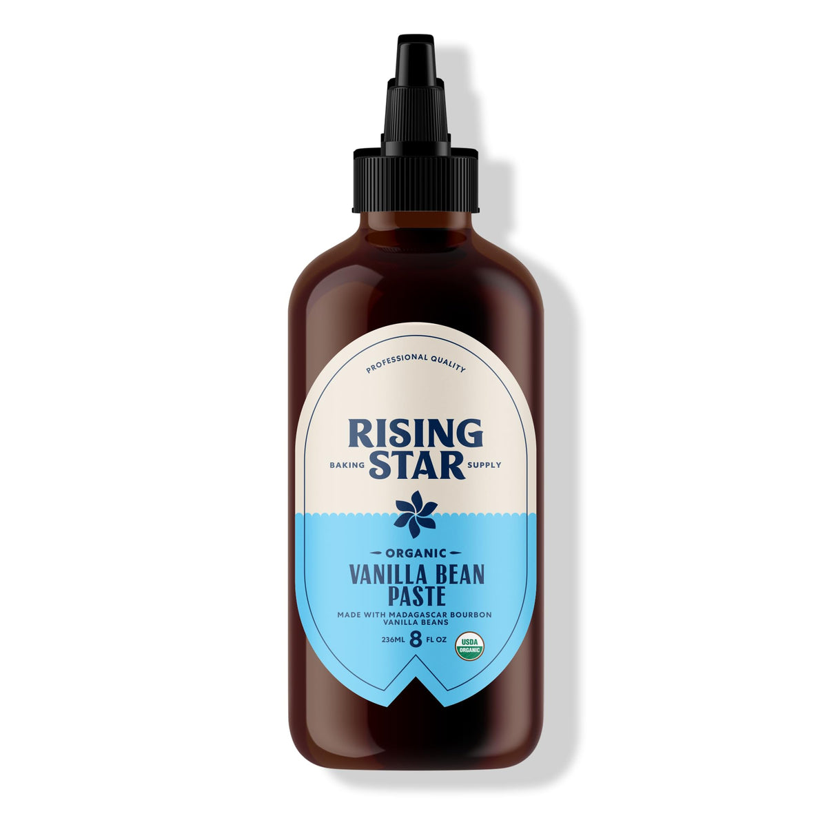 Rising Star Organic Vanilla Bean Paste bottle showing rich flavor for baking
