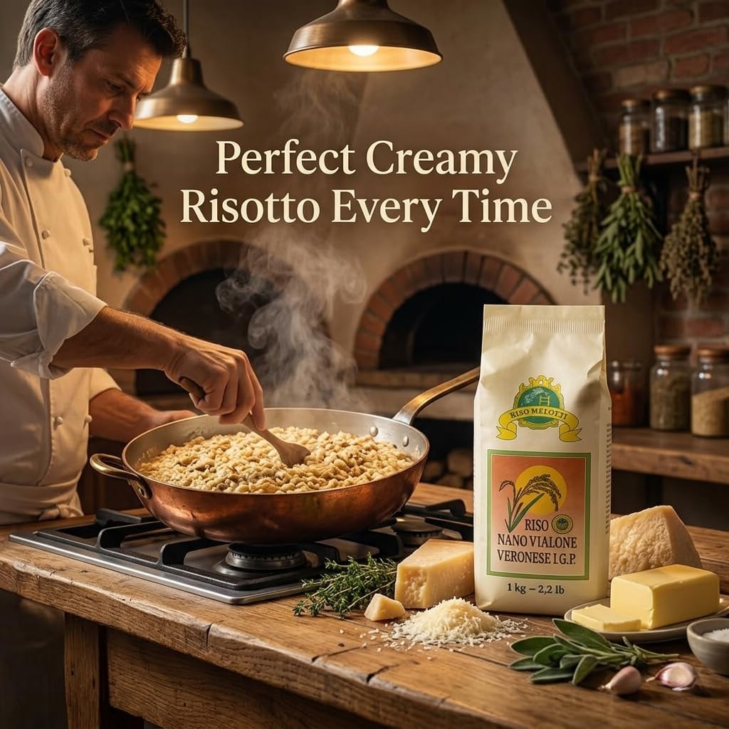 Riso Melotti Nano Vialone Veronese IGP cooking pot scene for creamy risotto.