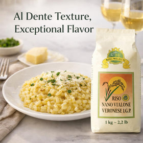 Creamy risotto made with Riso Melotti Nano Vialone Veronese IGP in a skillet.