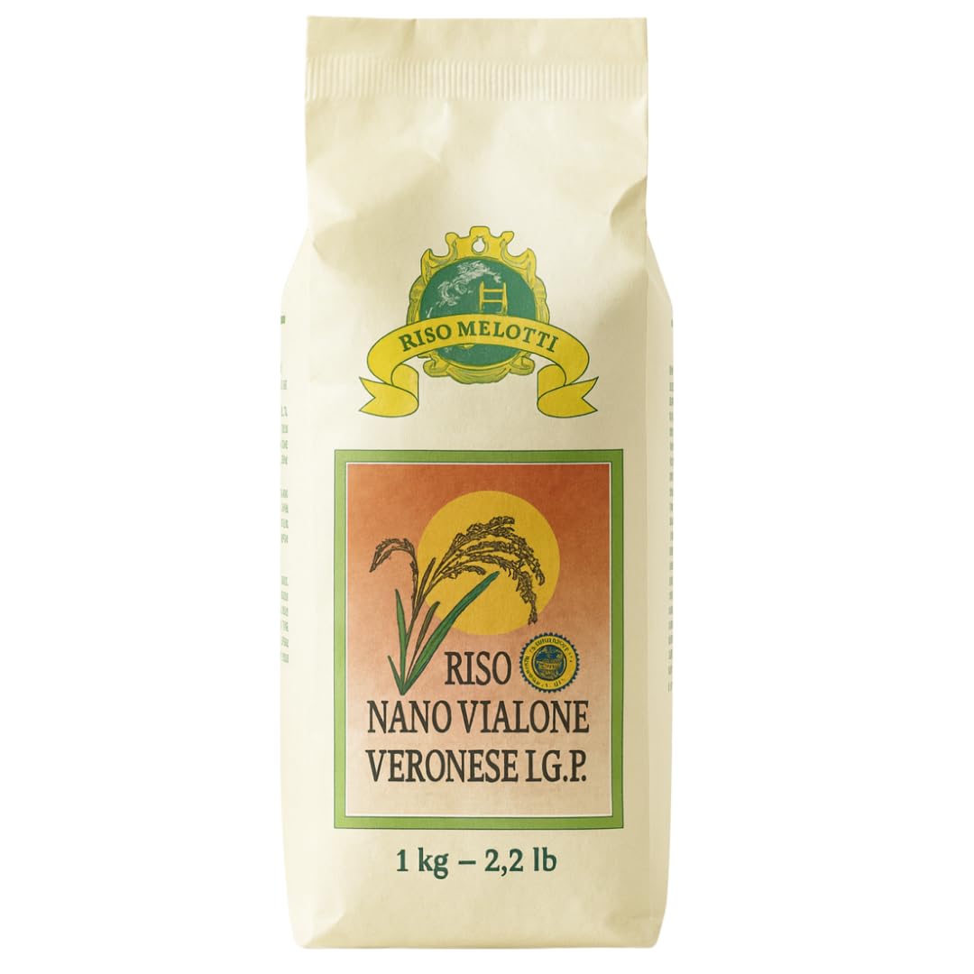 Riso Melotti Nano Vialone Veronese IGP rice pack showing premium Italian grains for risotto.