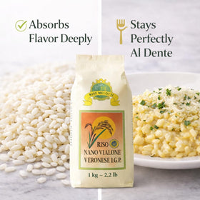 Serving dish featuring saffron risotto prepared with Riso Melotti Nano Vialone Veronese IGP.