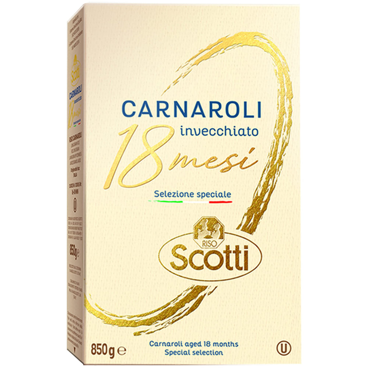 Riso Scotti aged Carnaroli rice packaging showcases premium quality for easy risotto