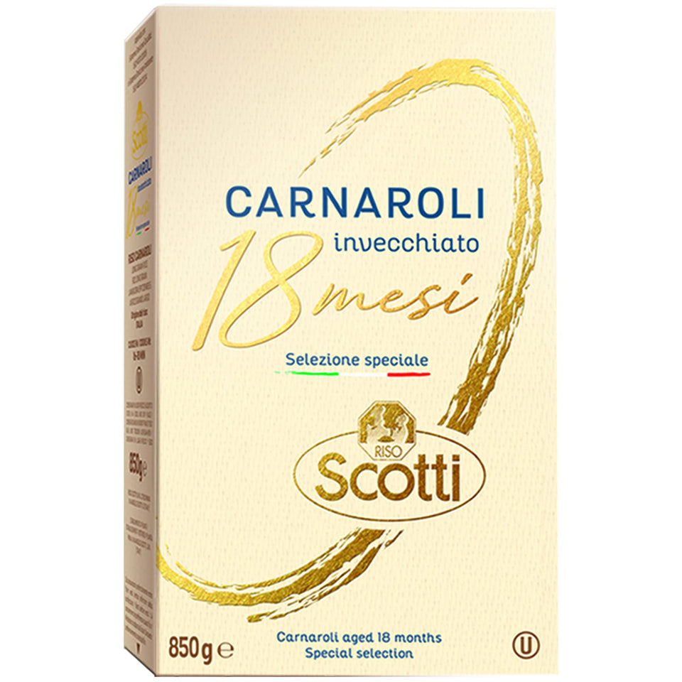 Riso Scotti aged Carnaroli rice packaging showcases premium quality for easy risotto